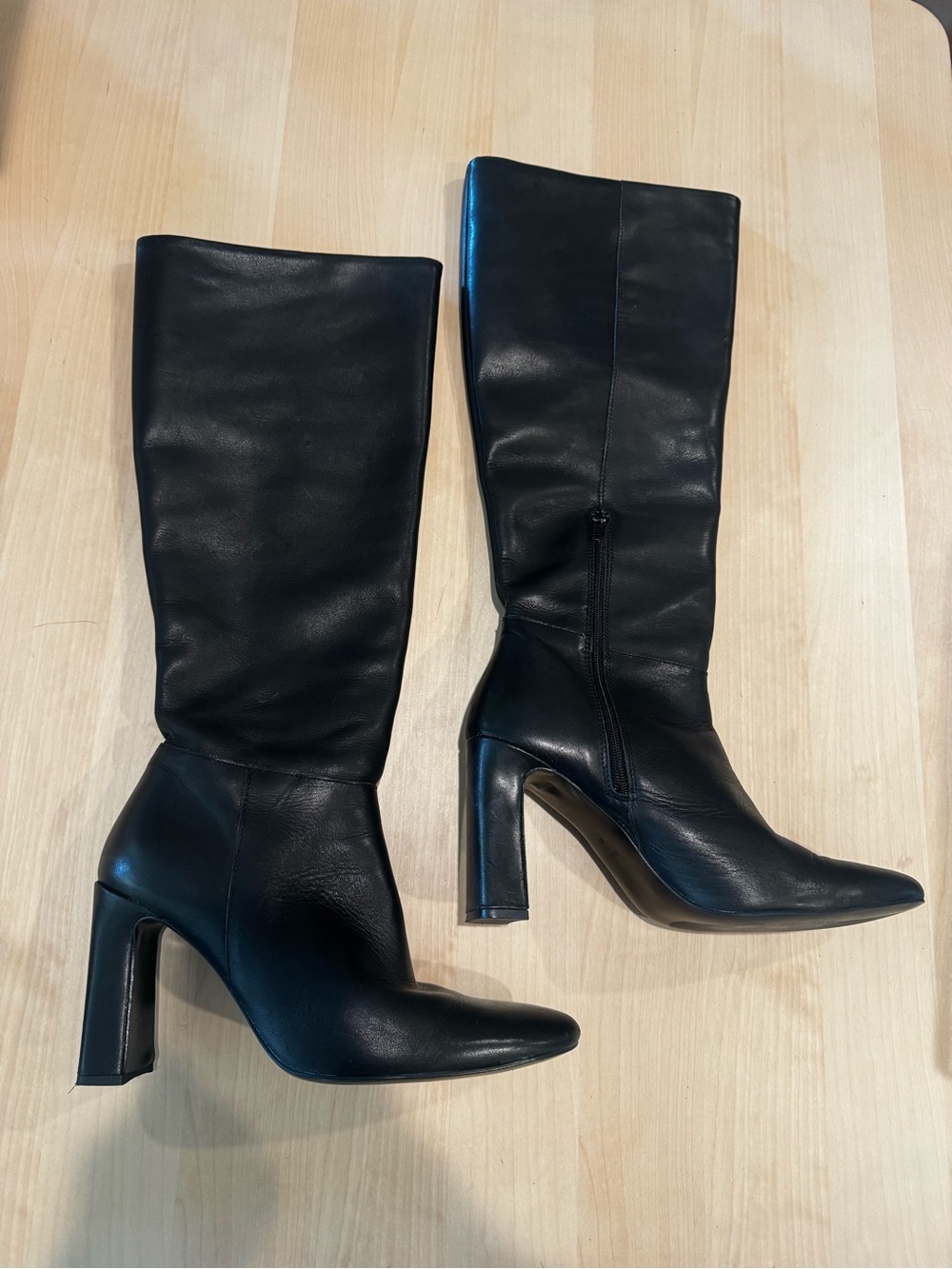 Mango Black Leather Knee-High Heeled Boots